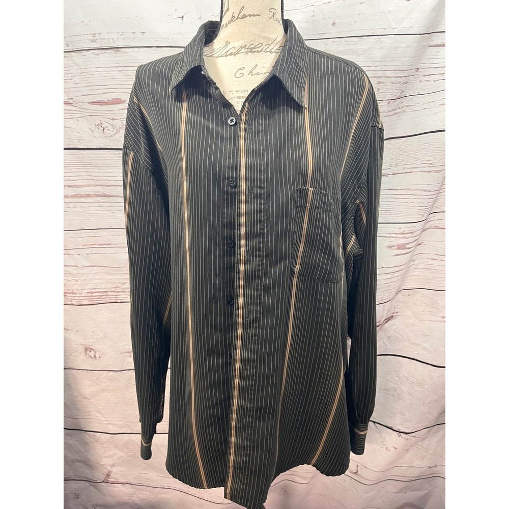 Haggar Mens XXL Pinstripe Button Down Shirt Long Sleeve Black Tan Polyester